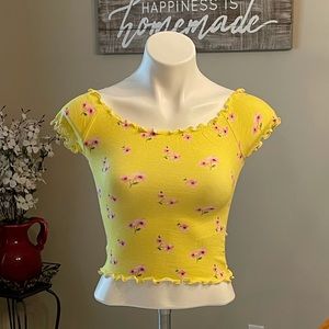 Forever 21 Yellow with Pink Flowers Top - Size Small
